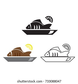 Fish on a plate with a lemon vector icon set, black white and color