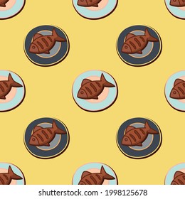 Fish on a plate Seamless Pattern Vector. Yellow background.