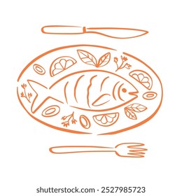 Peixe em um desenho de esboço de placa. Prato do restaurante de frutos do mar. Elemento de design do menu Almoço. Ilustração De Vetor De Ícone De Contorno Desenhado À Mão. Isolado no branco. Estilo Vintage