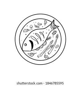 Fish on a plate with vegetables. Vector illustration. Isolated image on white background.