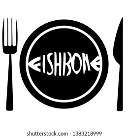 fish on porcelain  plate with knife and fork,fishbone vector illustration