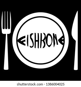 fish on porcelain  plate with knife and fork,fishbone vector icon isolated on black background