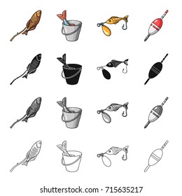 Fish on skewers, catch in a bucket, bait fishing lure, float. Fishing set collection icons in cartoon black monochrome outline style vector symbol stock illustration web.