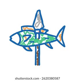 Fisch auf Speer doodle Symbol Skizze Vektor. Fisch auf dem Speerschild. einzelne Symbolgrafik