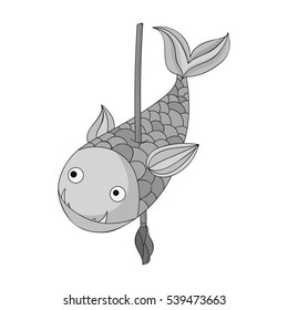 Fish on the spear icon in monochrome style isolated on white background. Stone age symbol stock vector illustration.