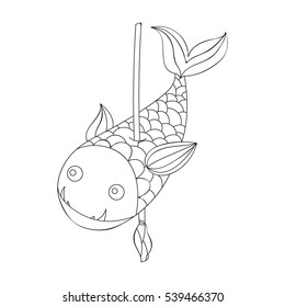 Fish on the spear icon in outline style isolated on white background. Stone age symbol stock vector illustration.