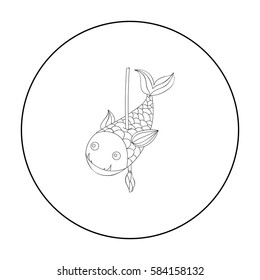 Fish on the spear icon in outline style isolated on white background. Stone age symbol stock vector illustration.