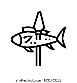 pez en el vector de icono de línea de lanza. pez con signo de lanza. símbolo de contorno aislado ilustración negra