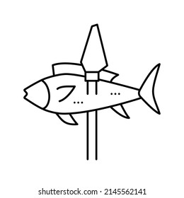 Fische auf Speerlinie Symbol Vektorgrafik. Fisch auf Speerzeichen. isoliertes Kontursymbol