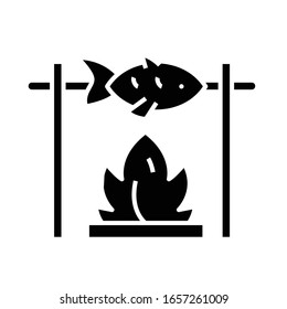 Fish on a spit black icon, concept illustration, vector flat symbol, glyph sign.