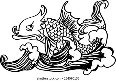 Fish on a wave, black and white illustration