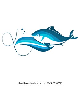 Fish on wave and hook symbol for fishing