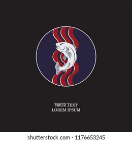Fish on the waves in a circle on a black background. Graphic design element for print with space for text. Design for printing on fabric or paper.