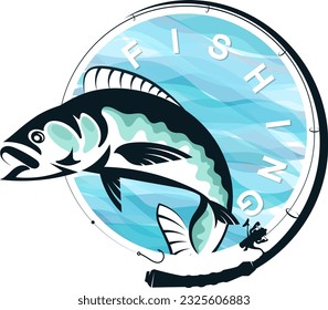 Fish on the waves and a fishing rod. Design for fishing