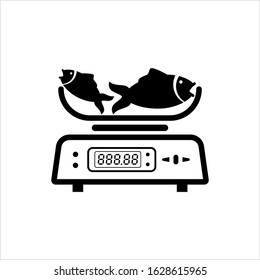 Fish On Weighing Scale Icon, Fish Weight Measuring Vector Art Illustration