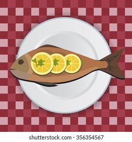 Fish on white plate with lemon and herbs. Food, seafood dish symbol. Vector icon illustration