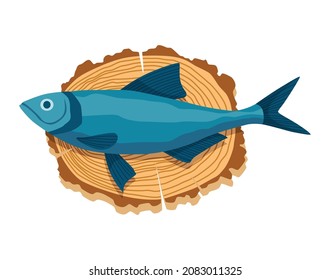 Fish on wooden board. Kitchen cutting board with healthy meal meat. Foodstuff in cartoon style. Concept organic wild river or ocean food