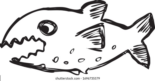 Fish with open mouth with teeth. Hand-drawn black and white illustration.