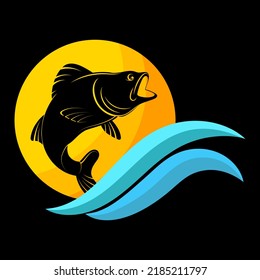 Fish orange sun and blue wave. Symbol for fishing and sea food