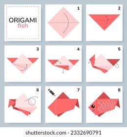 Fish origami scheme tutorial moving model. Origami for kids. Step by step how to make a cute origami fish. Vector illustration.