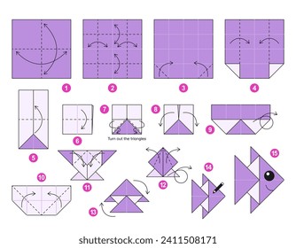 Fish origami scheme tutorial moving model. Origami for kids. Step by step how to make a cute origami aquarium fish. Vector illustration.