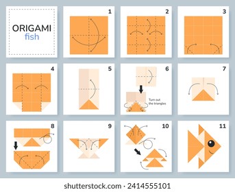 Fish origami scheme tutorial moving model. Origami for kids. Step by step how to make a cute origami aquarium fish. Vector illustration.