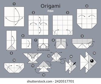 Fish origami scheme tutorial moving model. Origami for kids. Step by step how to make a cute paper aquarium fish. Vector illustration.
