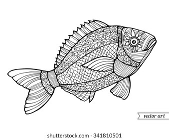Fish, ornamental graphic fish, floral line pattern. Vector. Zentangle. Coloring book page for adult. Hand drawn artwork. Bohemia concept for restaurant menu card, branding, logo label. Black and white