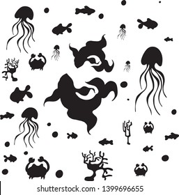 Fish and other marine elements in silhouettes.