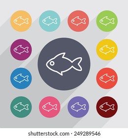 fish outline circle, flat icons set. Round colorful buttons 