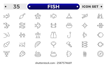 Fish outline icon. Sea creatures line icon set.  Maritime concept. Shell, turtle, fish, whale. Vector illustration can be used for topics like sea, ocean.
