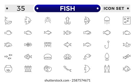 Fish outline icon. Sea creatures line icon set.  Maritime concept. Shell, turtle, fish, whale. Vector illustration can be used for topics like sea, ocean.
