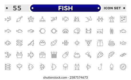 Fish outline icon. Sea creatures line icon set.  Maritime concept. Shell, turtle, fish, whale. Vector illustration can be used for topics like sea, ocean.
