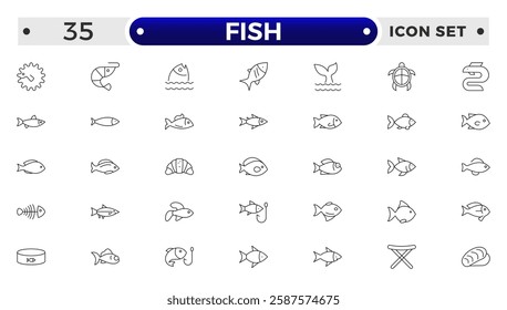 Fish outline icon. Sea creatures line icon set.  Maritime concept. Shell, turtle, fish, whale. Vector illustration can be used for topics like sea, ocean.
