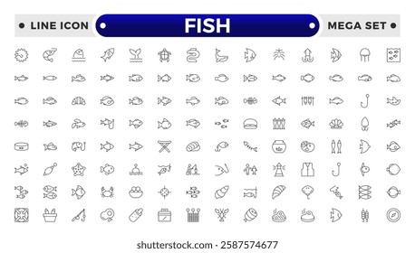 Fish outline icon. Sea creatures line icon set.  Maritime concept. Shell, turtle, fish, whale. Vector illustration can be used for topics like sea, ocean.
