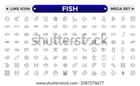 Fish outline icon. Sea creatures line icon set.  Maritime concept. Shell, turtle, fish, whale. Vector illustration can be used for topics like sea, ocean.
