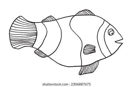 Fish outline illustration image. 
Hand drawn image artwork of fish. 
Simple cute original logo.
Hand drawn vector illustration for posters, cards, t-shirts.