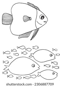 Fish outline illustration image. 
Hand drawn image artwork of fish. 
Simple cute original logo.
Hand drawn vector illustration for posters, cards, t-shirts.