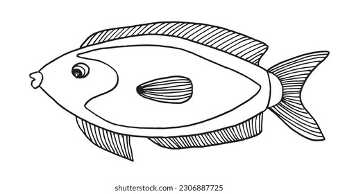 Fish outline illustration image. 
Hand drawn image artwork of fish. 
Simple cute original logo.
Hand drawn vector illustration for posters, cards, t-shirts.