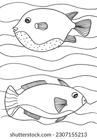 Fish outline illustration image. 
Hand drawn image artwork of fish. 
Simple cute original logo.
Hand drawn vector illustration for posters, cards, t-shirts.