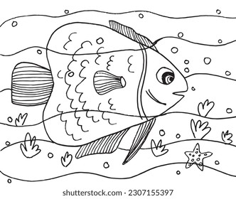 Fish outline illustration image. 
Hand drawn image artwork of fish. 
Simple cute original logo.
Hand drawn vector illustration for posters, cards, t-shirts.