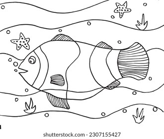 Fish outline illustration image. 
Hand drawn image artwork of fish. 
Simple cute original logo.
Hand drawn vector illustration for posters, cards, t-shirts.