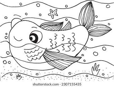 Fish outline illustration image. 
Hand drawn image artwork of fish. 
Simple cute original logo.
Hand drawn vector illustration for posters, cards, t-shirts.