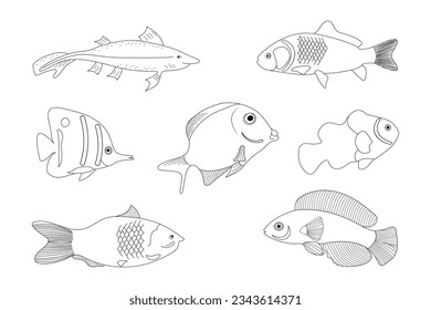 Umriss von 7 minimalen Fischsymbolen, die Wassertiere mit verschiedenen Flossen, Waagen, Schwänzen und Kiemen in Wasser zeigen, als Skelett schwarz-weiß.