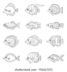 Fish outline vector icon set (tropical, marine, oceanic, freshwater).
