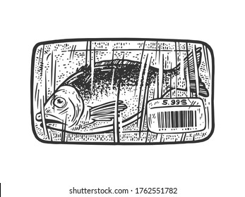pescado envasado en envases plásticos con etiqueta de precio y boceto de código de barras grabado ilustración vectorial. Diseño de impresión de ropa de camiseta. Imitación de tablero de raquetas. Imagen dibujada a mano en blanco y negro.