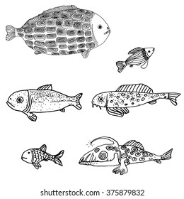 Fish painted by hand. Line art. Black and white. Deep. Trout. Salmon. River fish. Sea fish. Scales. Fish meat. Signboard. Fish shop. Frame. School of fish. Set. Background. Stand. Carp. Som. Fishing.