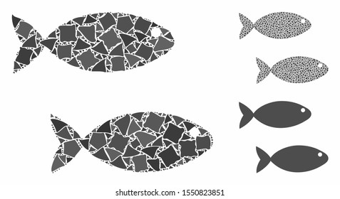 Fish pair composition of uneven parts in various sizes and color tints, based on fish pair icon. Vector tremulant parts are united into composition. Fish pair icons collage with dotted pattern.