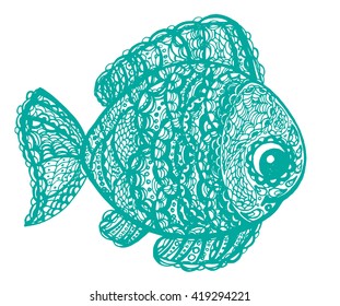 Fish in paisley mehndi doodle style. Cartoon fish illustration. Abstract fish drawing.