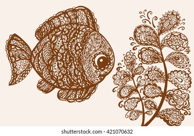 Fish in paisley mehndi doodle style. Cartoon fish illustration. Abstract fish drawing. Black and white color. Sea world. Swimming animal. 